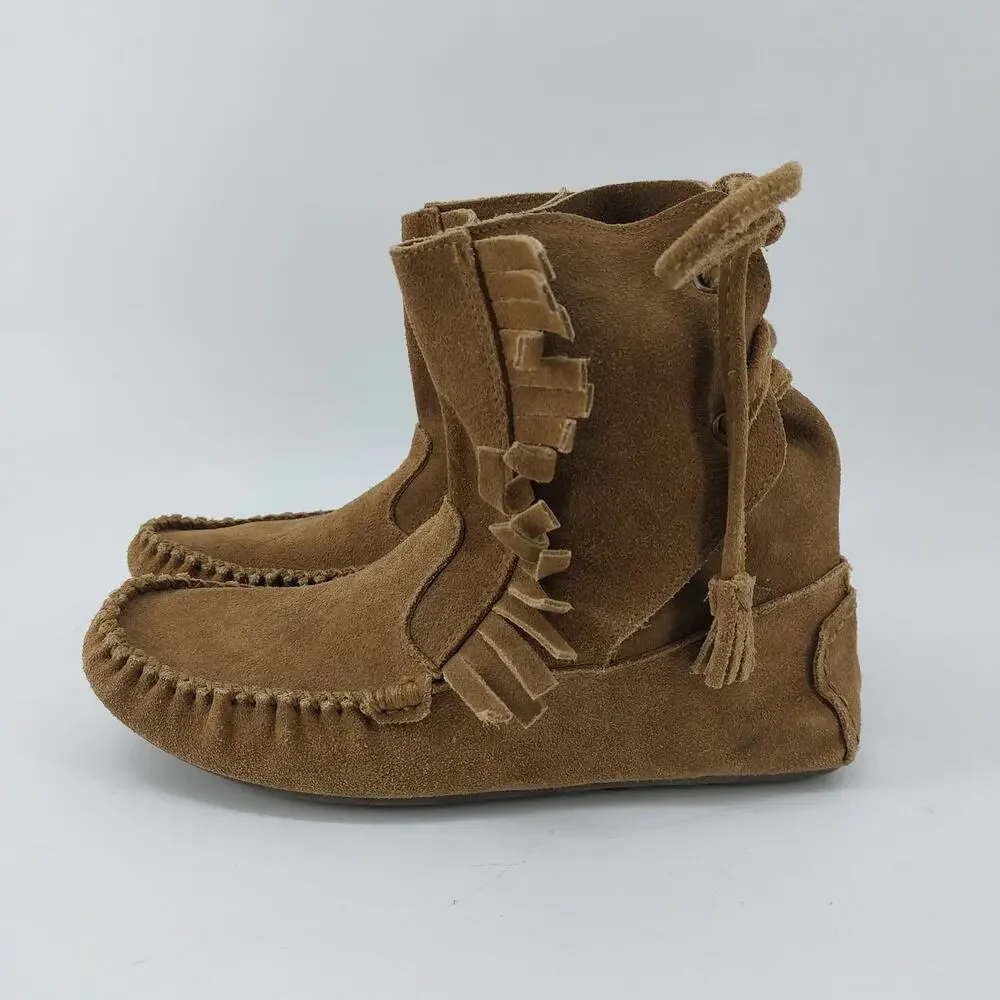 J Crew Moccasins Womens Size 7 Tan Suede Leather Tassel Fringe Boho